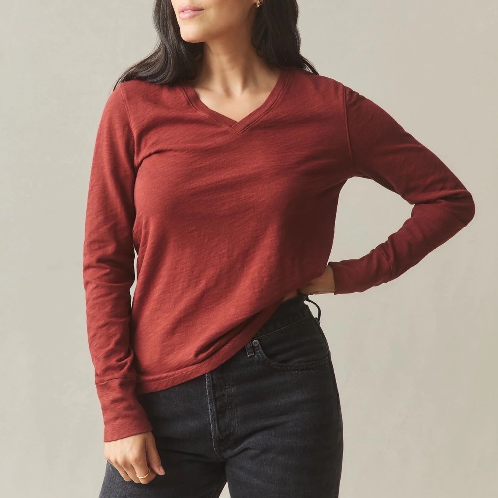 American Giant Premium Slub T-Shirt Womens XL Brown Cotton V-Neck Long‎ Sleeve
